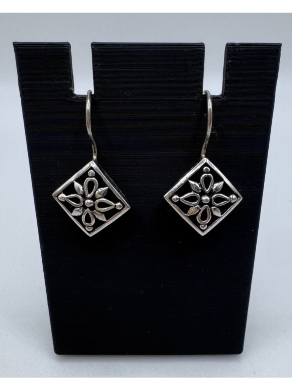 Sterling Silver 925 Diamond Shaped Floral French Wire Earrings